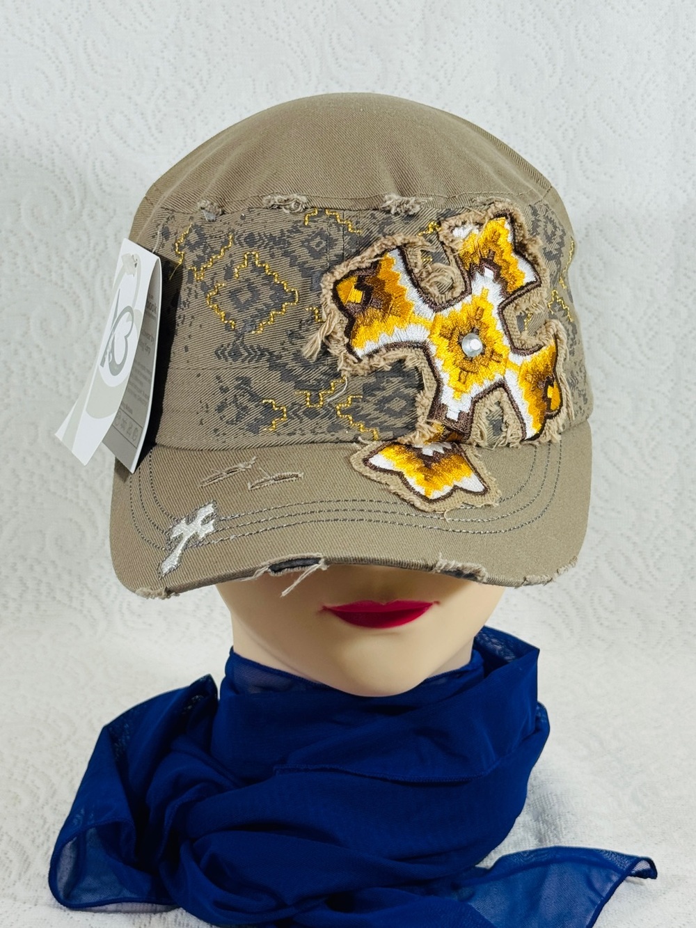 KBETHOS Tan Embroidered Cross Distressed Baseball Cap with Yellow Accent